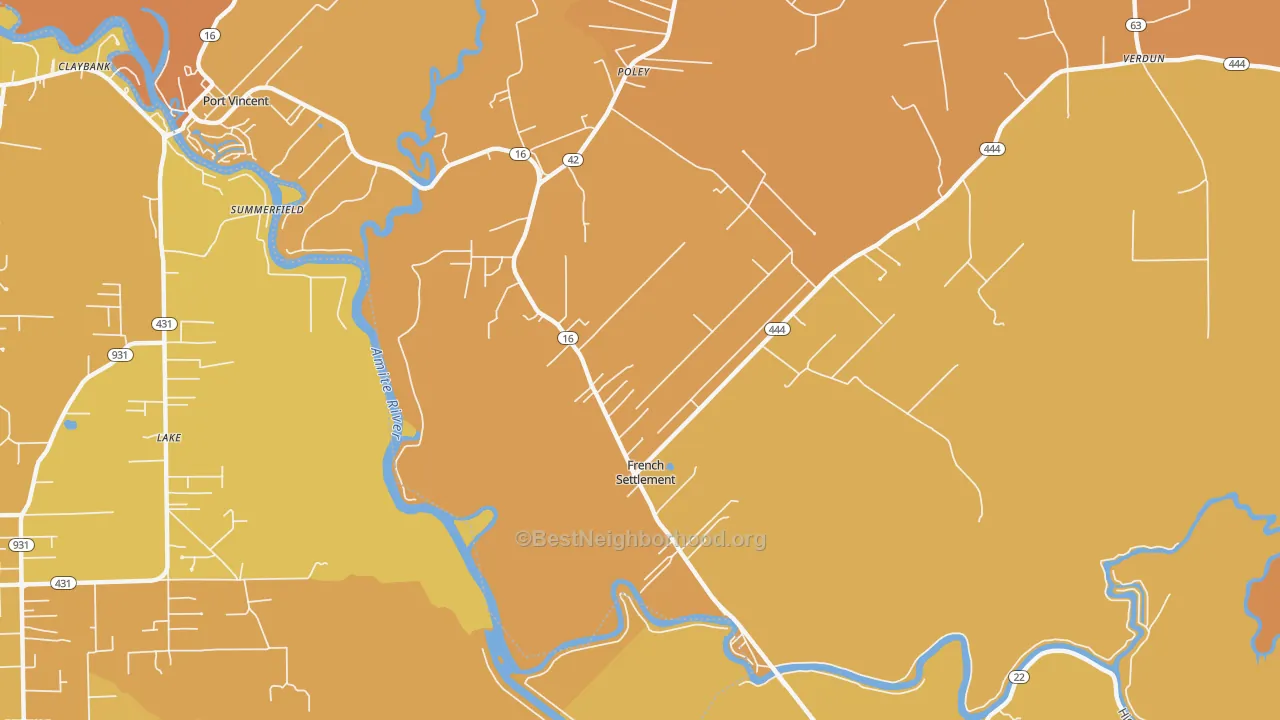 Map of the best neighborhoods in the 70733 area, with better matches in green and worse matches in red