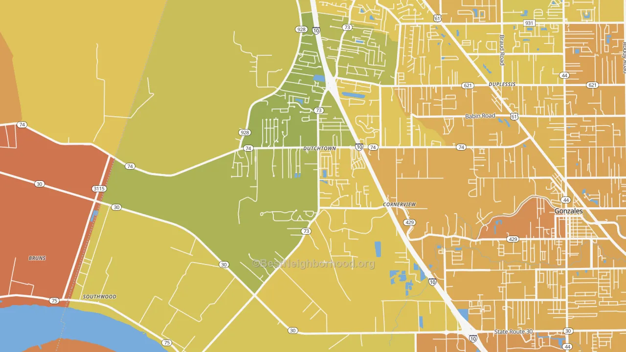 Map of the best neighborhoods in the 70734 area, with better matches in green and worse matches in red