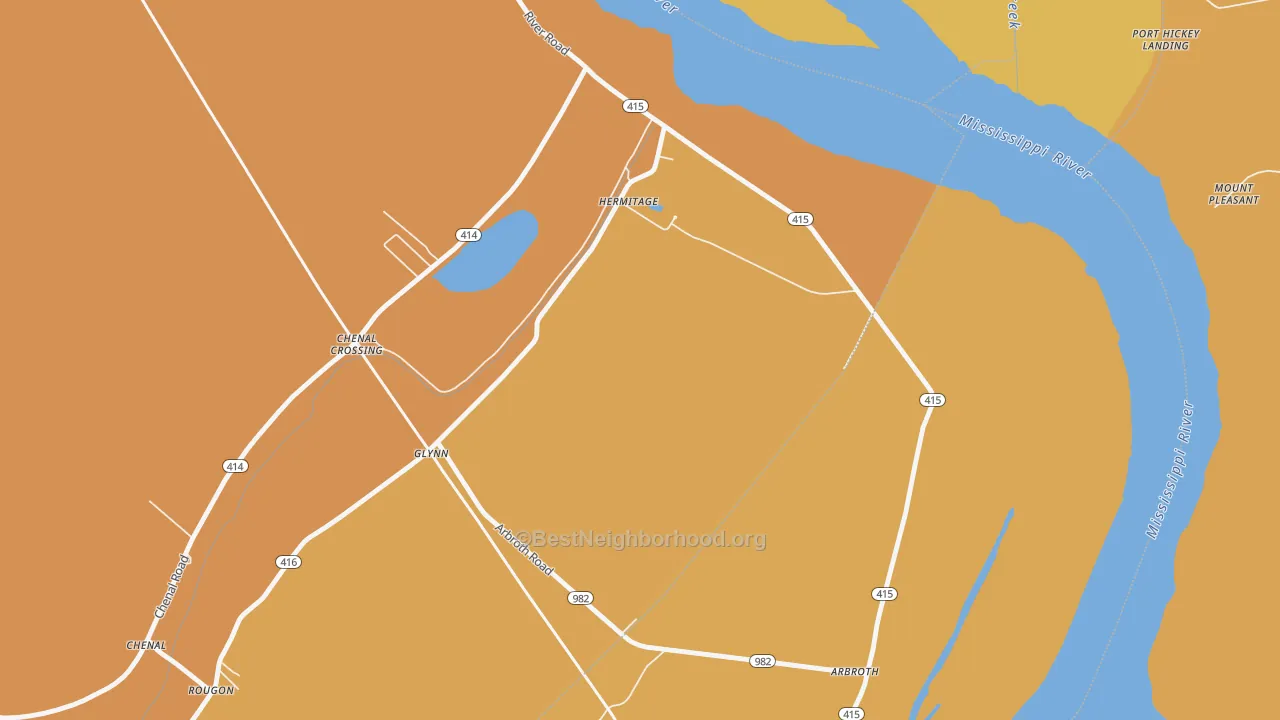 Map of the best neighborhoods in the 70736 area, with better matches in green and worse matches in red