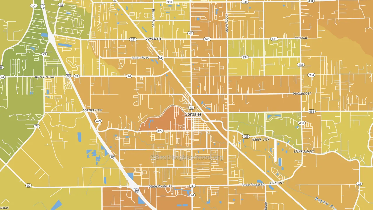 Map of the best neighborhoods in the 70737 area, with better matches in green and worse matches in red