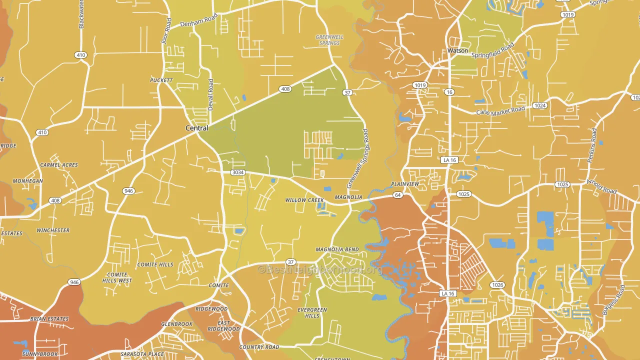 Map of the best neighborhoods in the 70739 area, with better matches in green and worse matches in red