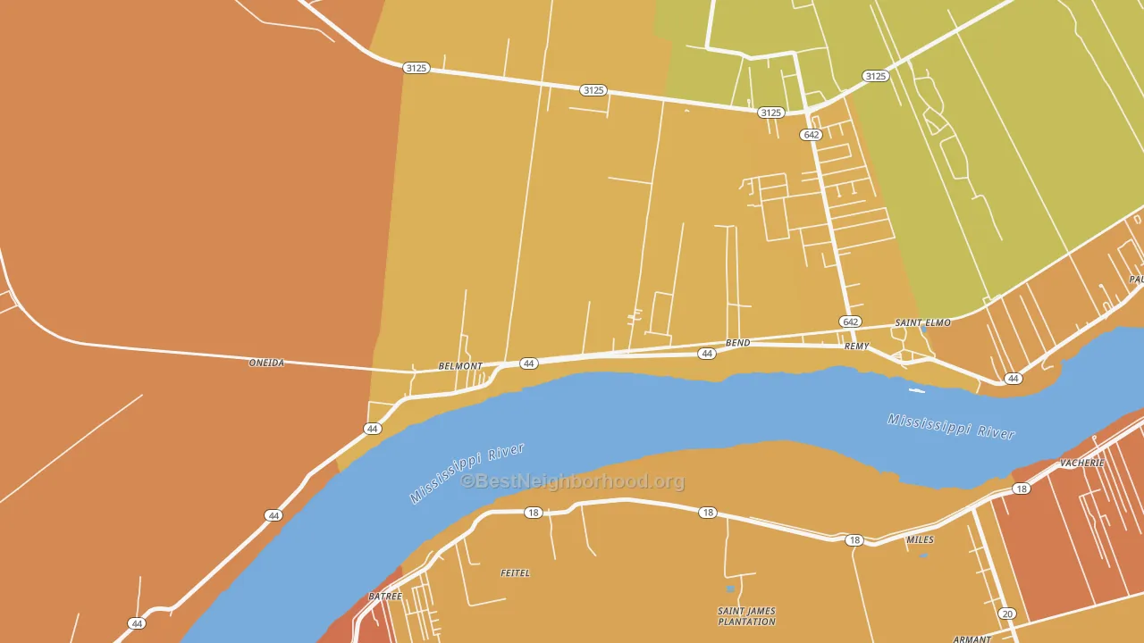 Map of the best neighborhoods in the 70743 area, with better matches in green and worse matches in red