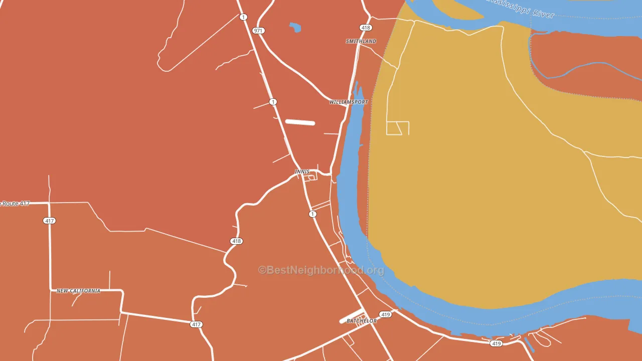 Map of the best neighborhoods in the 70747 area, with better matches in green and worse matches in red