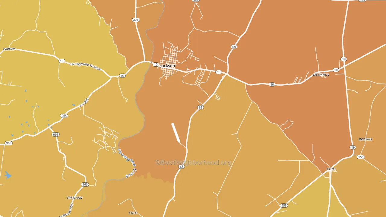 Map of the best neighborhoods in the 70748 area, with better matches in green and worse matches in red