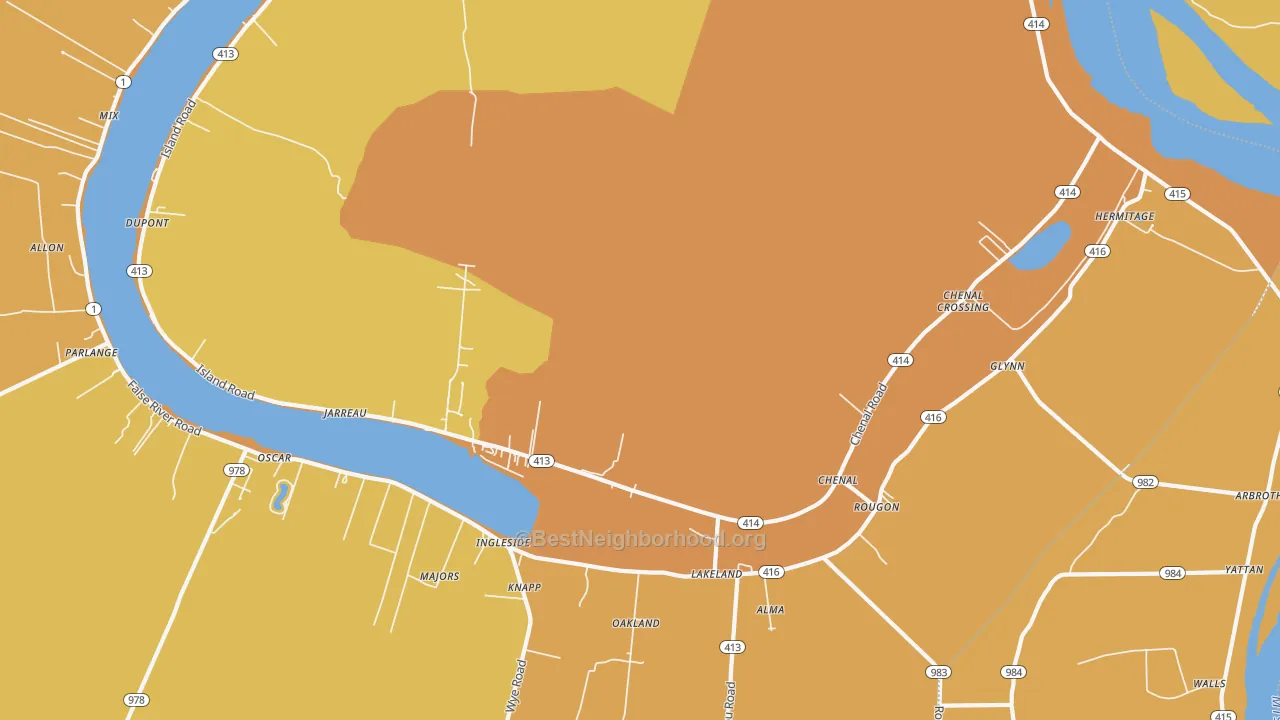 Map of the best neighborhoods in the 70749 area, with better matches in green and worse matches in red