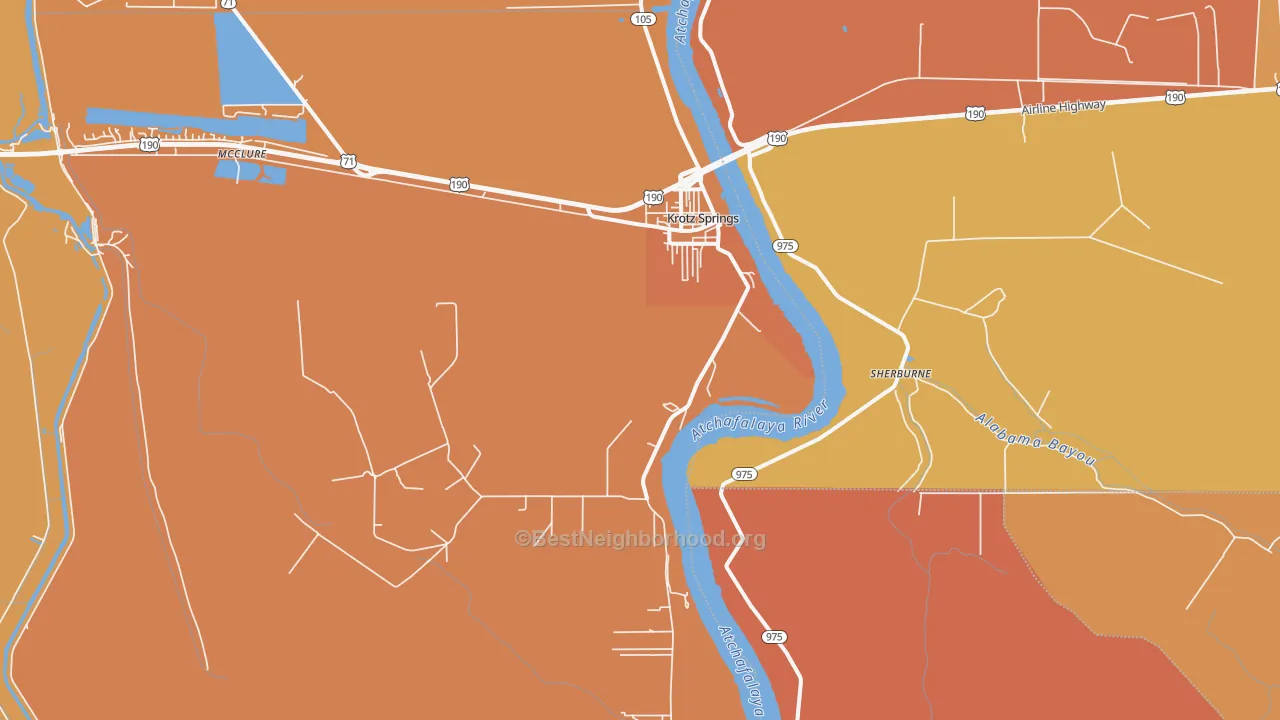 Map of the best neighborhoods in the 70750 area, with better matches in green and worse matches in red