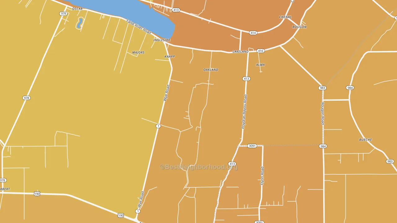 Map of the best neighborhoods in the 70752 area, with better matches in green and worse matches in red