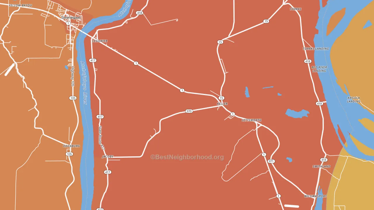 Map of the best neighborhoods in the 70753 area, with better matches in green and worse matches in red