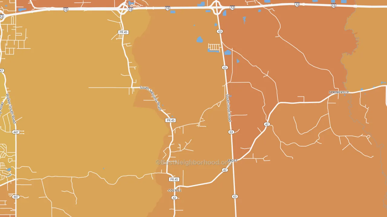 Map of the best neighborhoods in the 70754 area, with better matches in green and worse matches in red