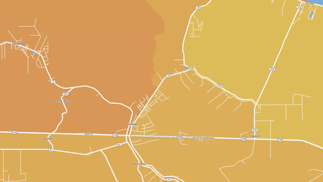 Map of the best neighborhoods in the 70755 area, with better matches in green and worse matches in red