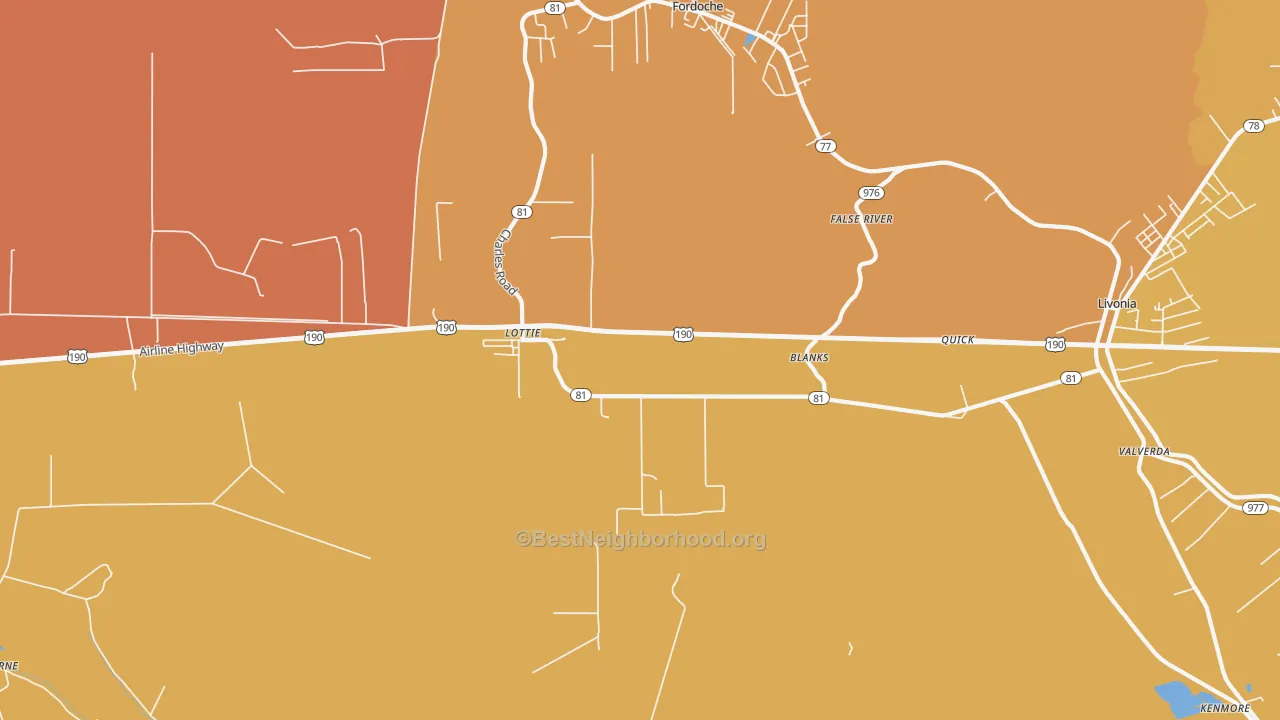 Map of the best neighborhoods in the 70756 area, with better matches in green and worse matches in red
