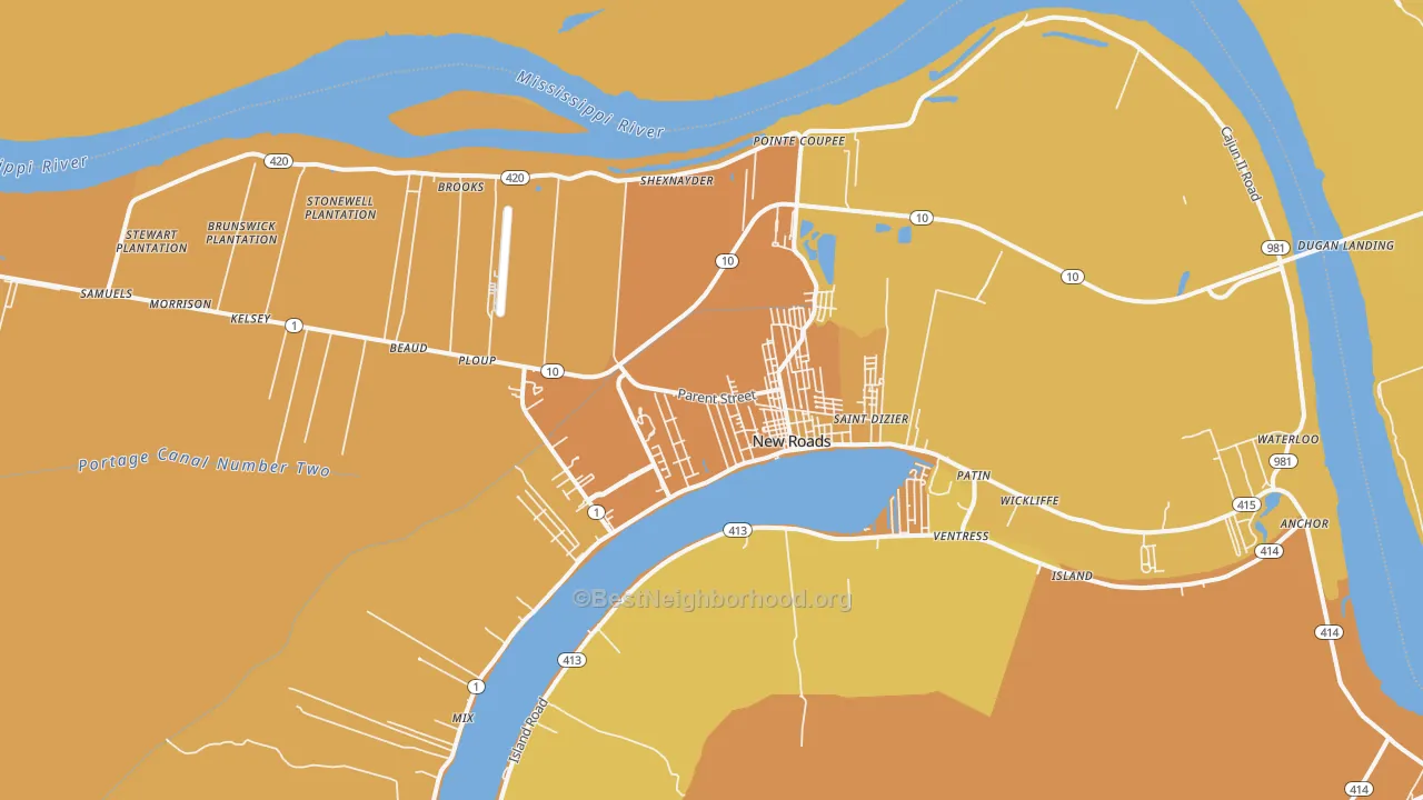Map of the best neighborhoods in the 70760 area, with better matches in green and worse matches in red