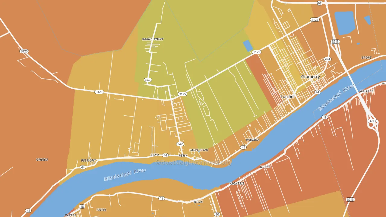 Map of the best neighborhoods in the 70763 area, with better matches in green and worse matches in red