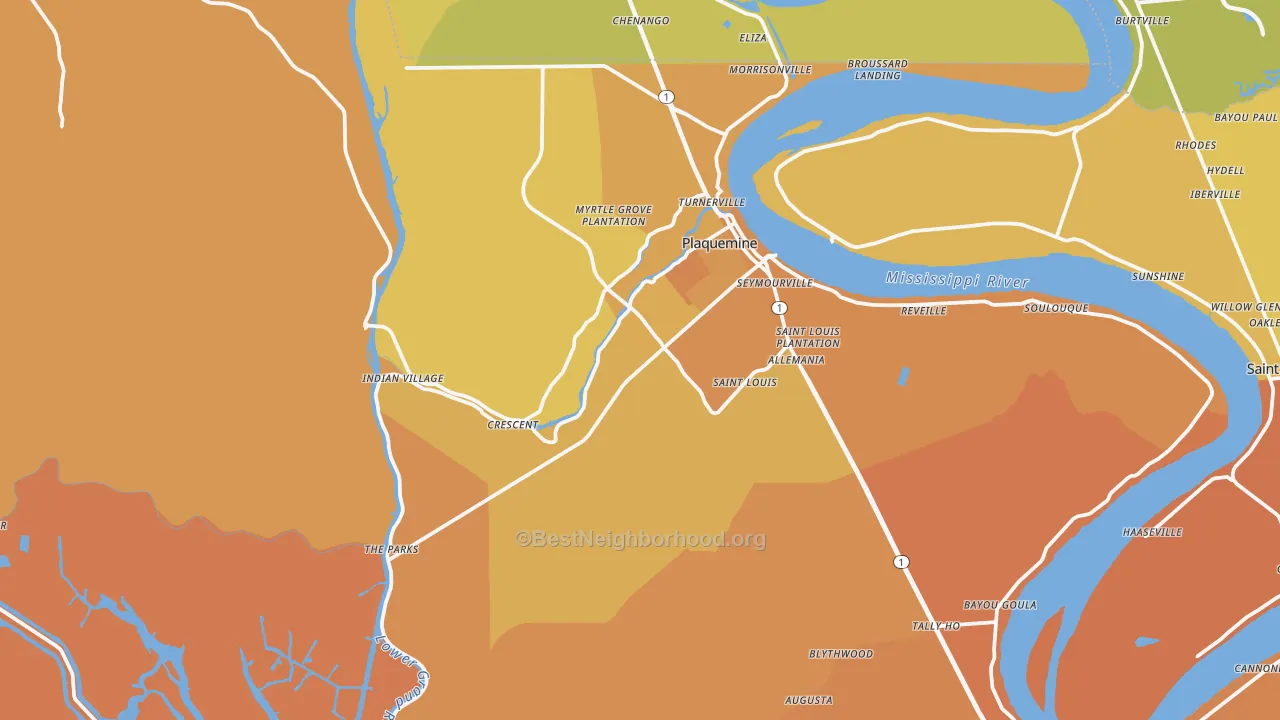 Map of the best neighborhoods in the 70764 area, with better matches in green and worse matches in red