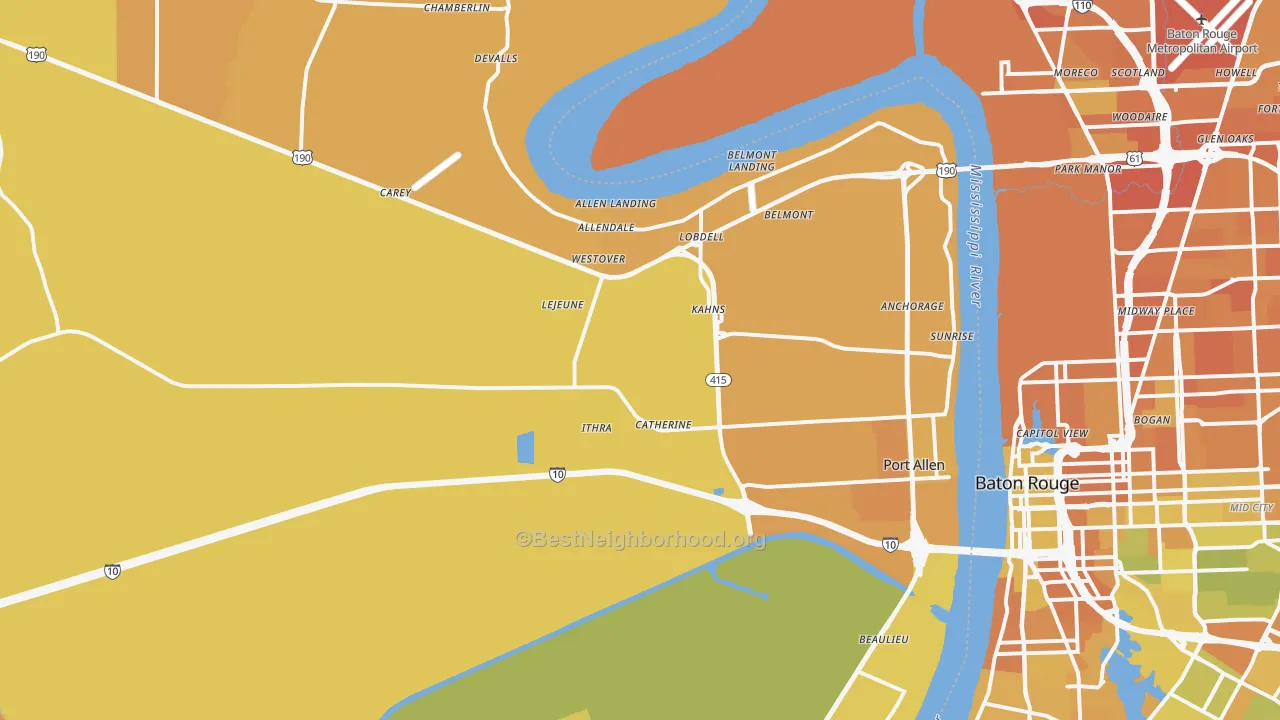 Map of the best neighborhoods in the 70767 area, with better matches in green and worse matches in red