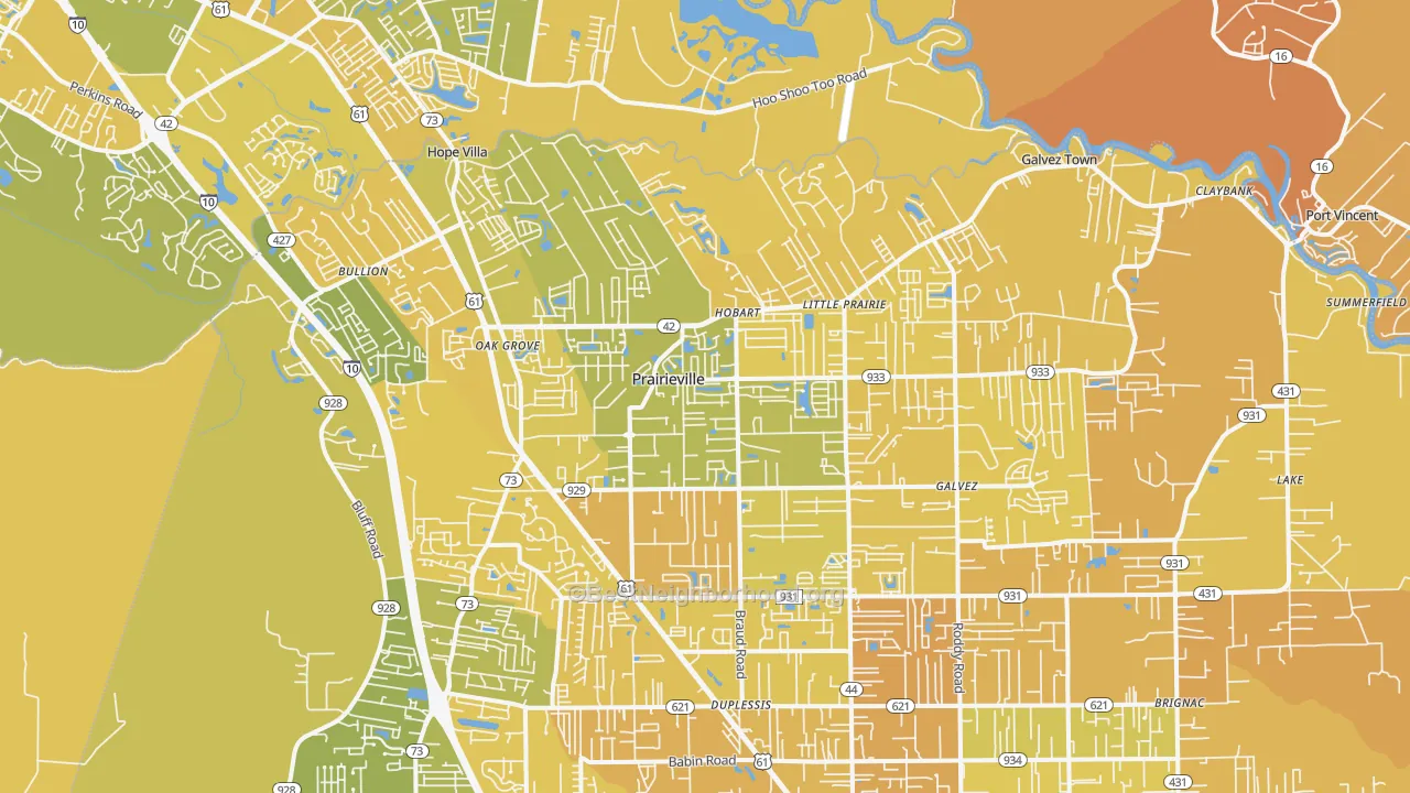 Map of the best neighborhoods in the 70769 area, with better matches in green and worse matches in red