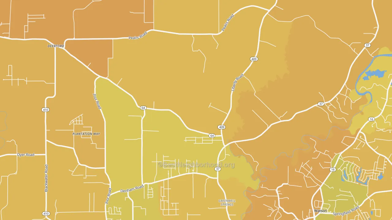 Map of the best neighborhoods in the 70770 area, with better matches in green and worse matches in red