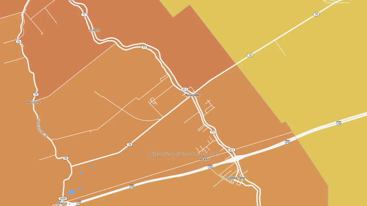 Map of the best neighborhoods in the 70772 area, with better matches in green and worse matches in red