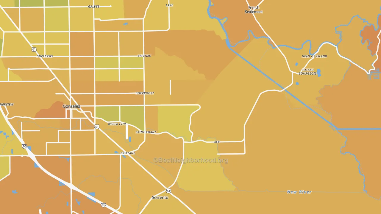 Map of the best neighborhoods in the 70774 area, with better matches in green and worse matches in red