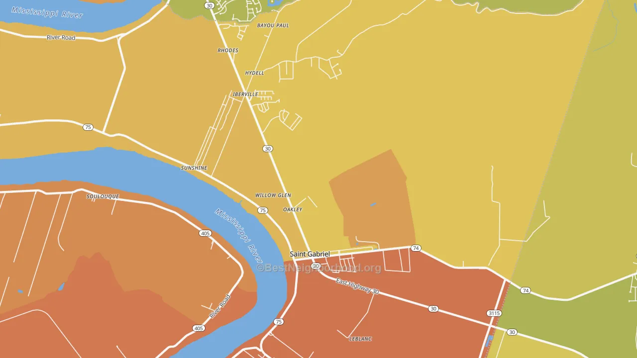 Map of the best neighborhoods in the 70776 area, with better matches in green and worse matches in red