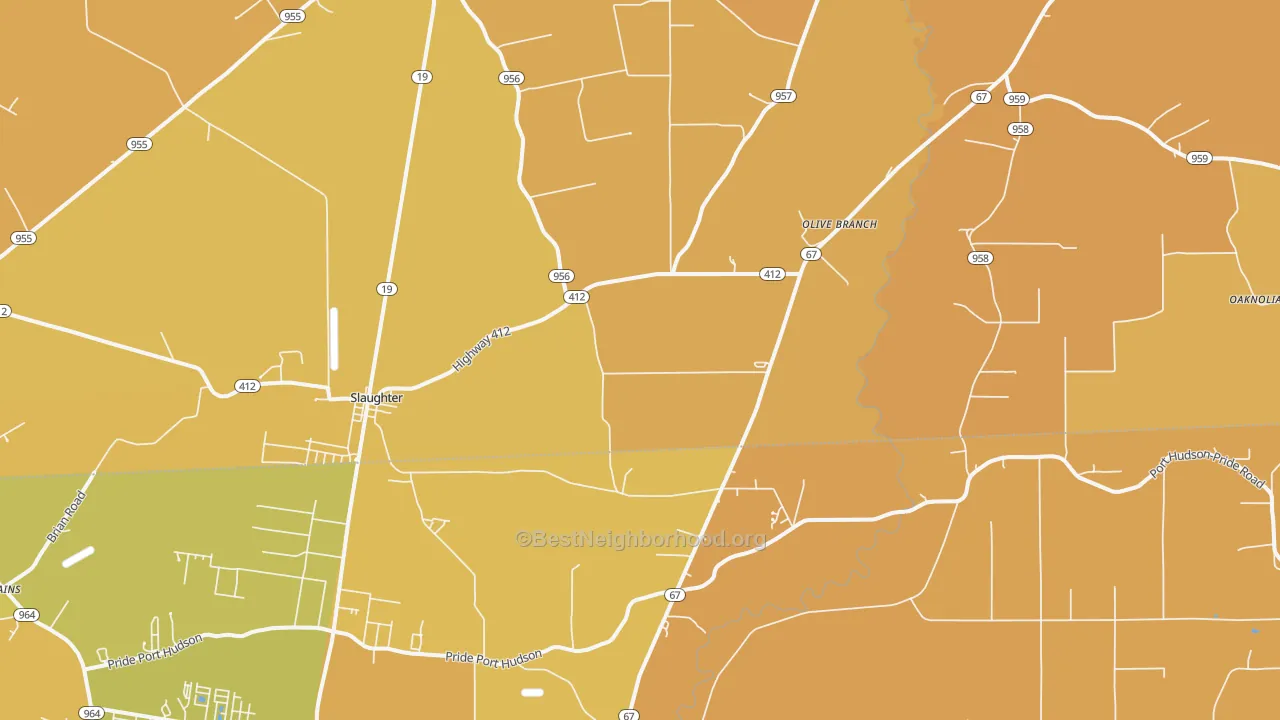 Map of the best neighborhoods in the 70777 area, with better matches in green and worse matches in red