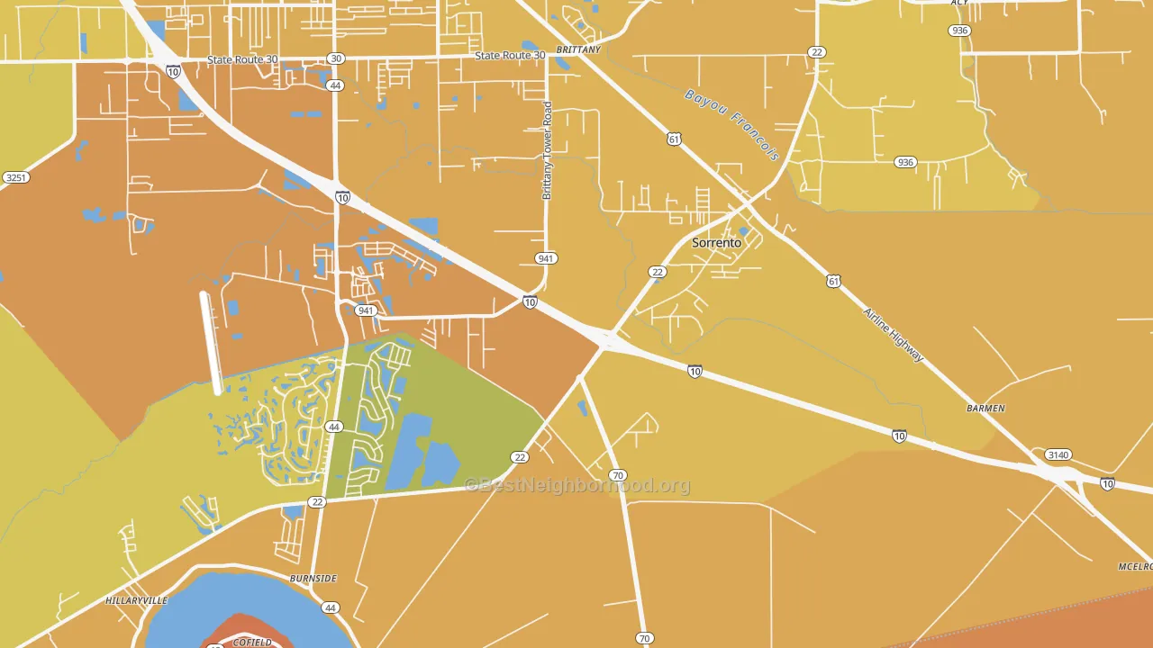 Map of the best neighborhoods in the 70778 area, with better matches in green and worse matches in red