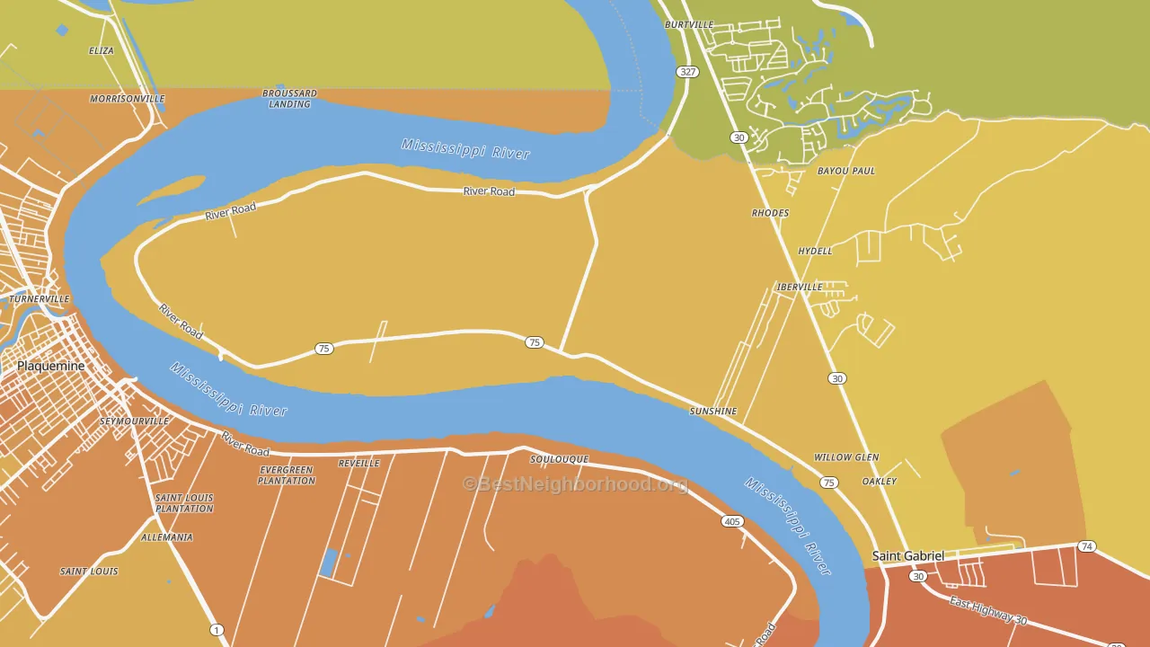 Map of the best neighborhoods in the 70780 area, with better matches in green and worse matches in red