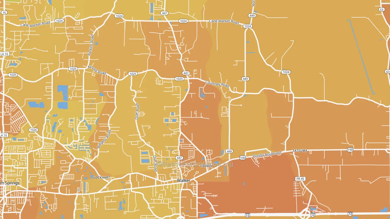 Map of the best neighborhoods in the 70785 area, with better matches in green and worse matches in red