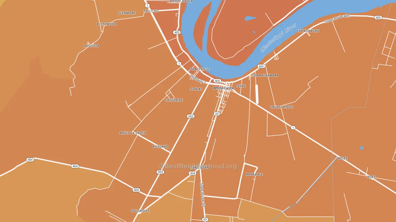 Map of the best neighborhoods in the 70788 area, with better matches in green and worse matches in red