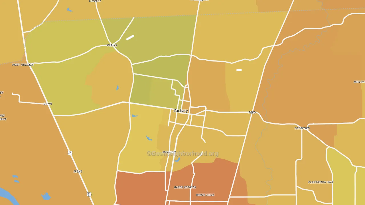 Map of the best neighborhoods in the 70791 area, with better matches in green and worse matches in red