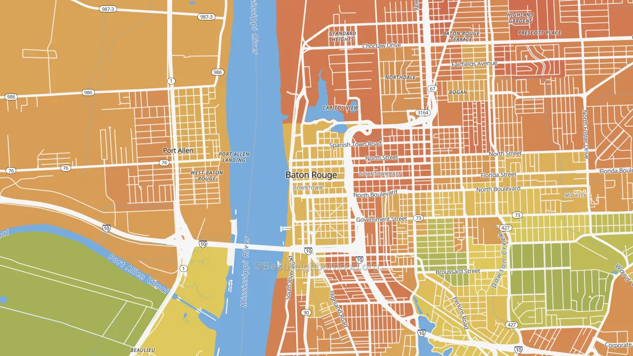 Map of the best neighborhoods in the 70801 area, with better matches in green and worse matches in red