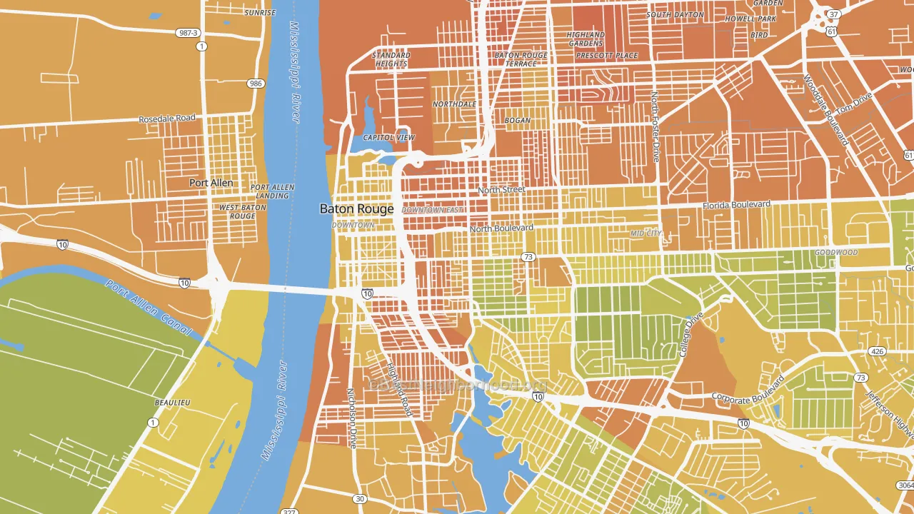 Map of the best neighborhoods in the 70802 area, with better matches in green and worse matches in red