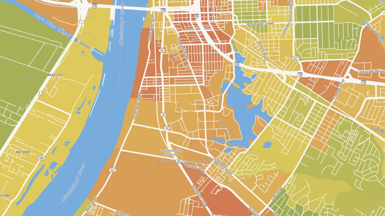 Map of the best neighborhoods in the 70803 area, with better matches in green and worse matches in red