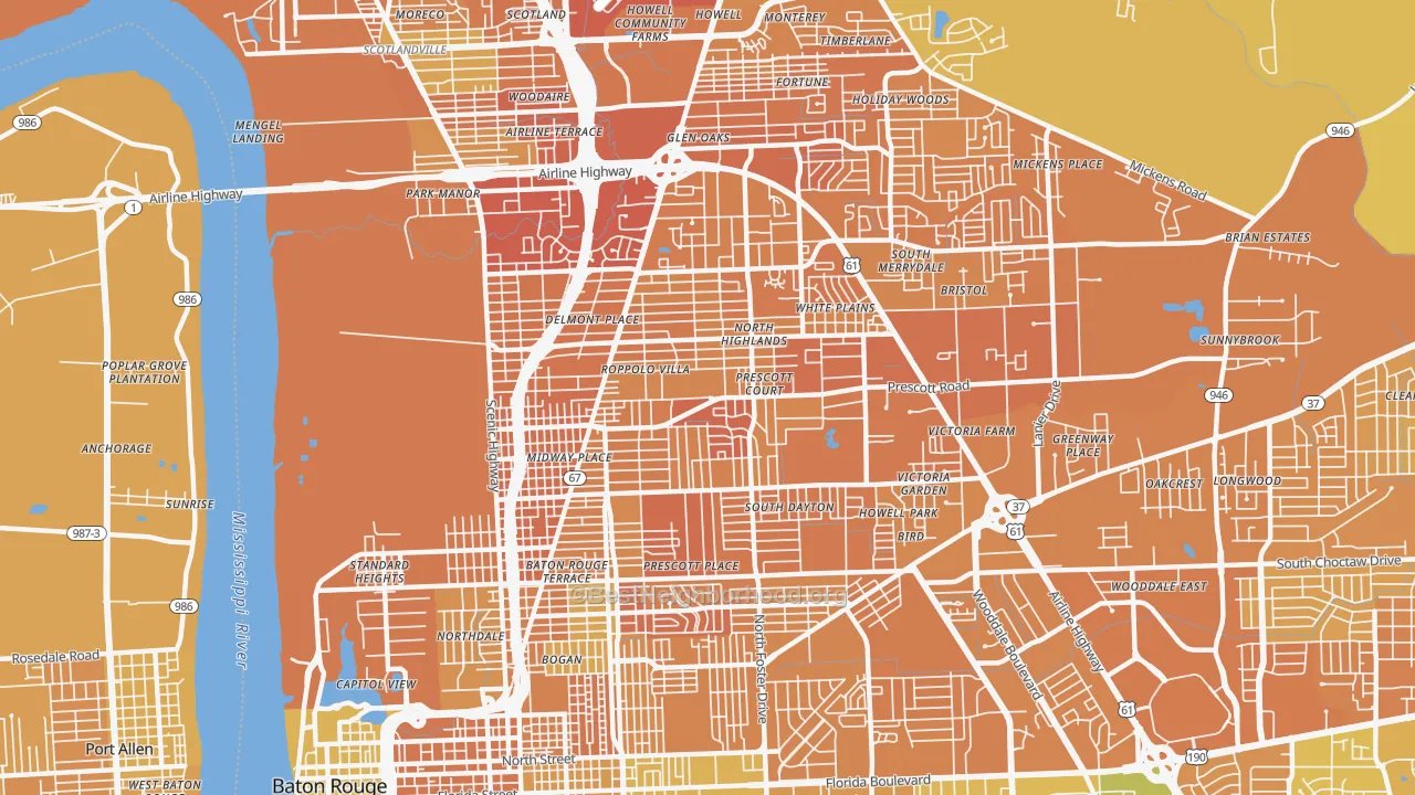 Map of the best neighborhoods in the 70805 area, with better matches in green and worse matches in red