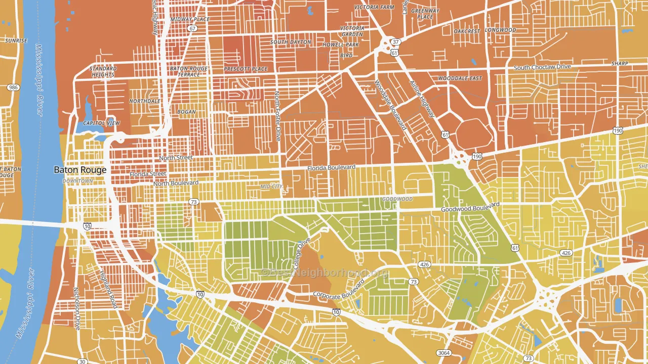Map of the best neighborhoods in the 70806 area, with better matches in green and worse matches in red