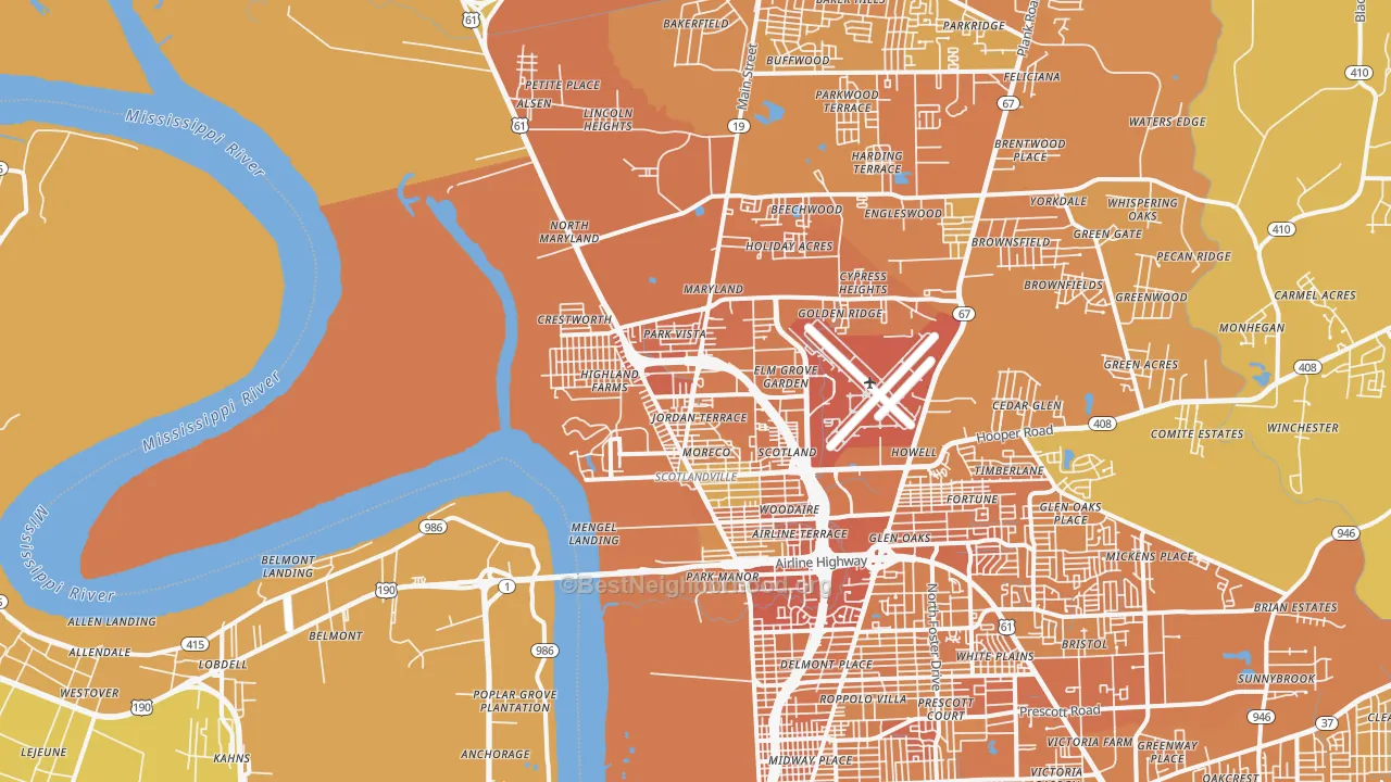 Map of the best neighborhoods in the 70807 area, with better matches in green and worse matches in red