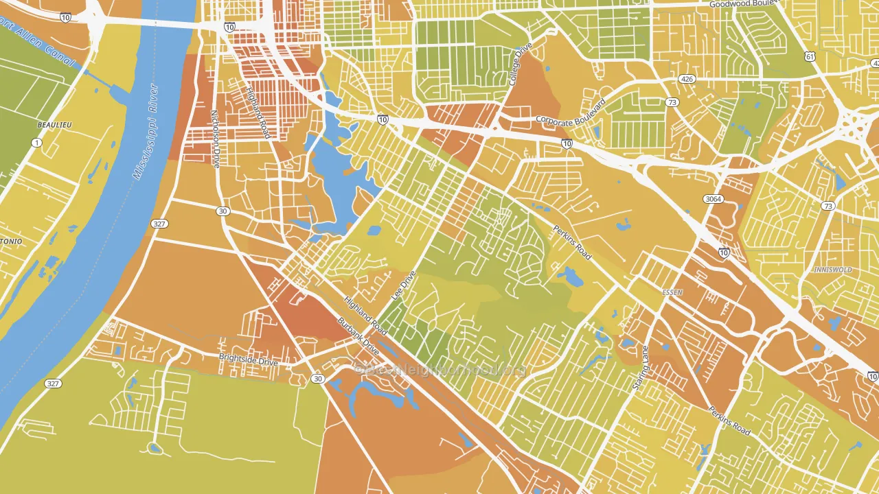Map of the best neighborhoods in the 70808 area, with better matches in green and worse matches in red