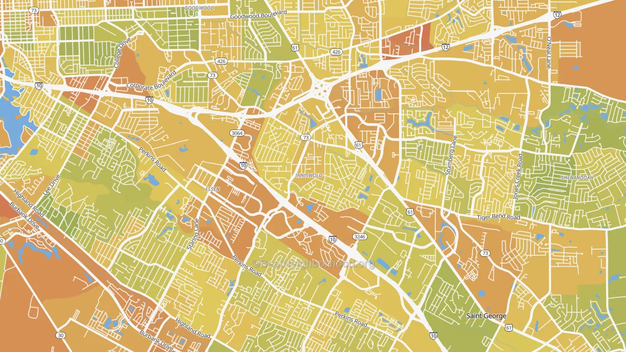 Map of the best neighborhoods in the 70809 area, with better matches in green and worse matches in red