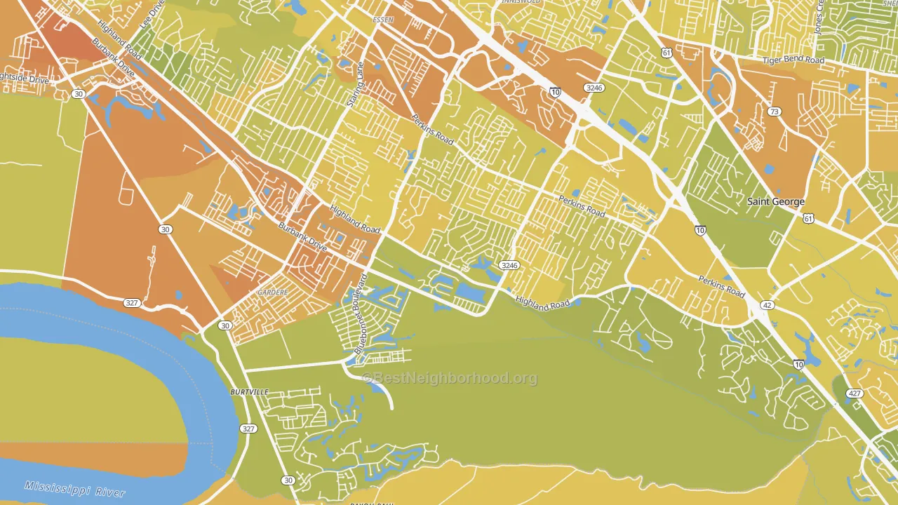 Map of the best neighborhoods in the 70810 area, with better matches in green and worse matches in red