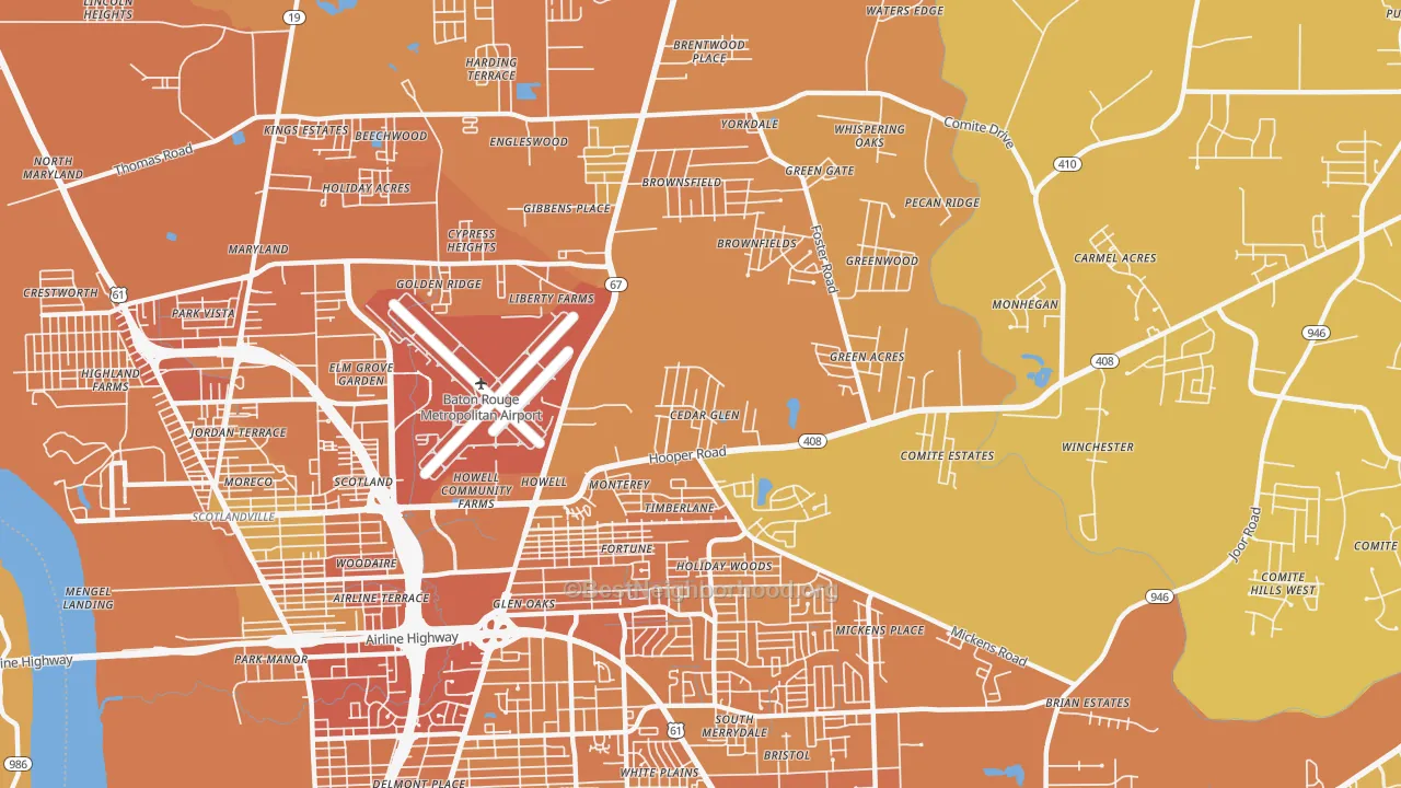 Map of the best neighborhoods in the 70811 area, with better matches in green and worse matches in red