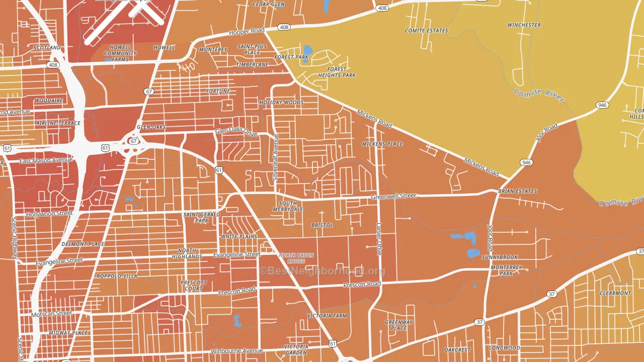Map of the best neighborhoods in the 70812 area, with better matches in green and worse matches in red