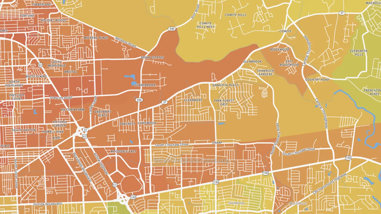 Map of the best neighborhoods in the 70814 area, with better matches in green and worse matches in red