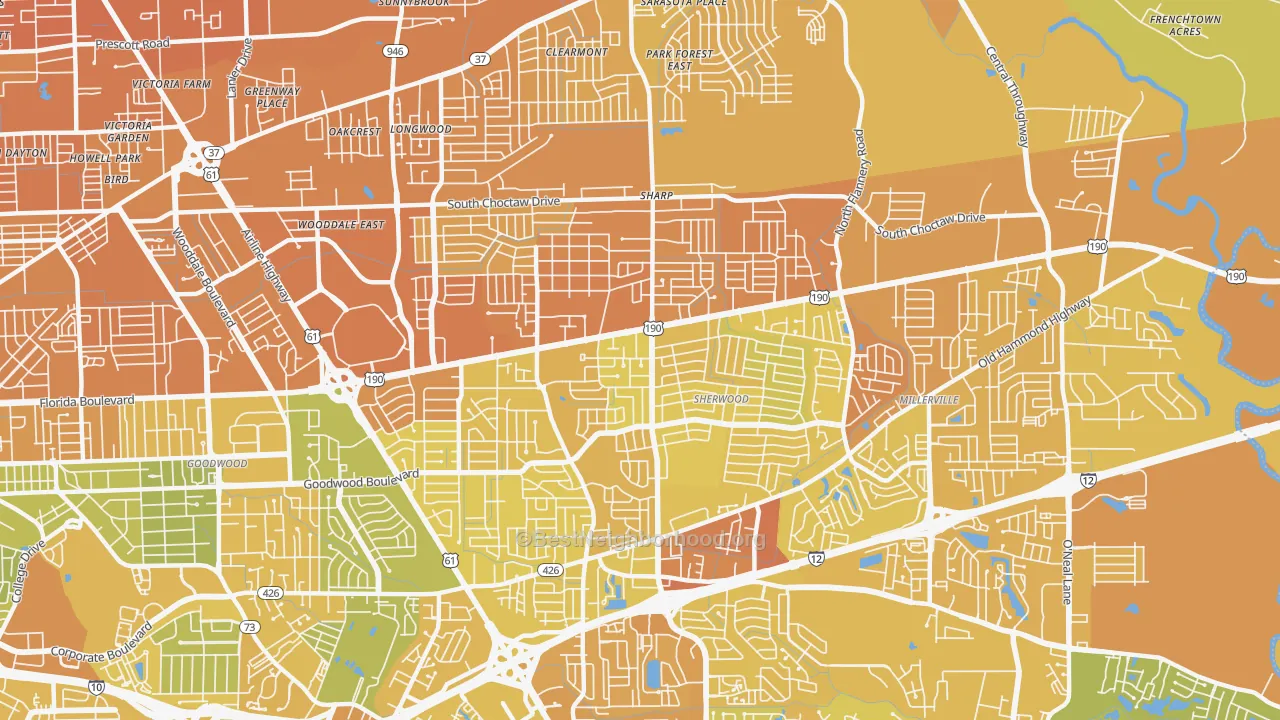 Map of the best neighborhoods in the 70815 area, with better matches in green and worse matches in red
