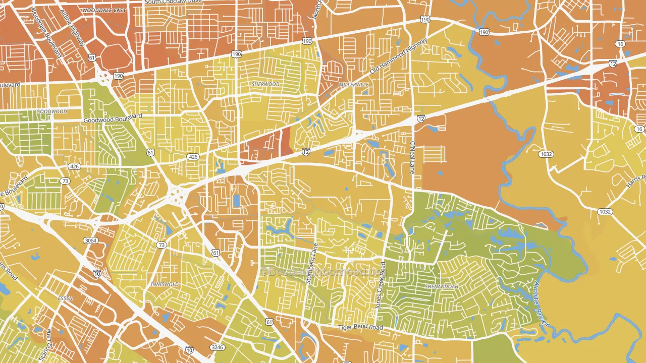 Map of the best neighborhoods in the 70816 area, with better matches in green and worse matches in red
