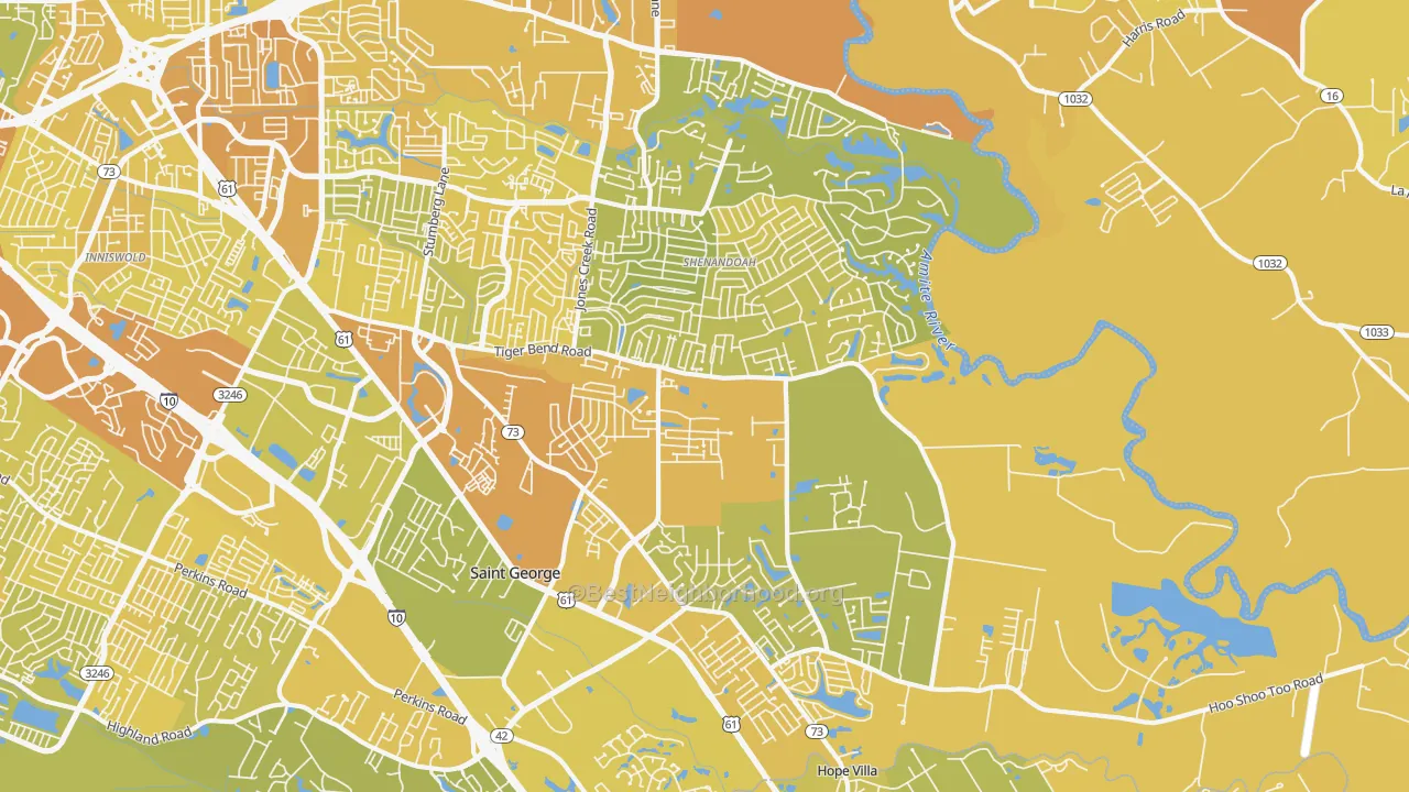 Map of the best neighborhoods in the 70817 area, with better matches in green and worse matches in red