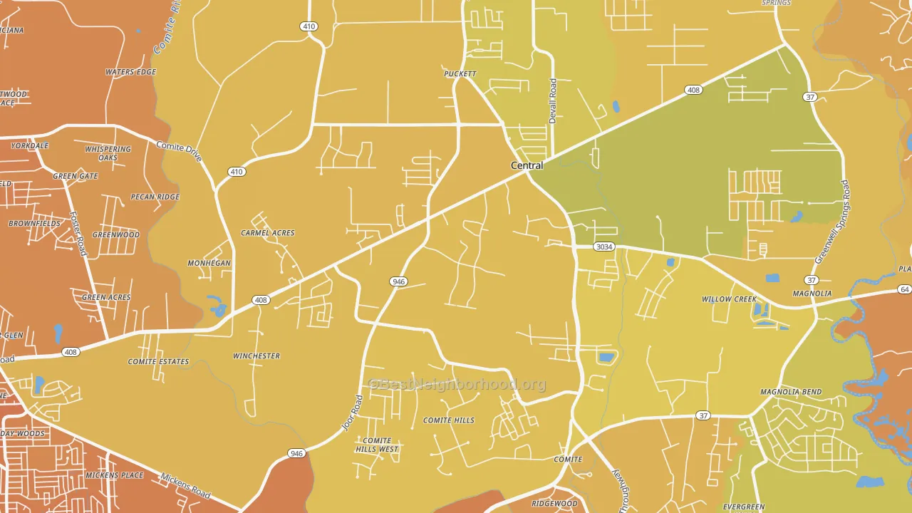 Map of the best neighborhoods in the 70818 area, with better matches in green and worse matches in red