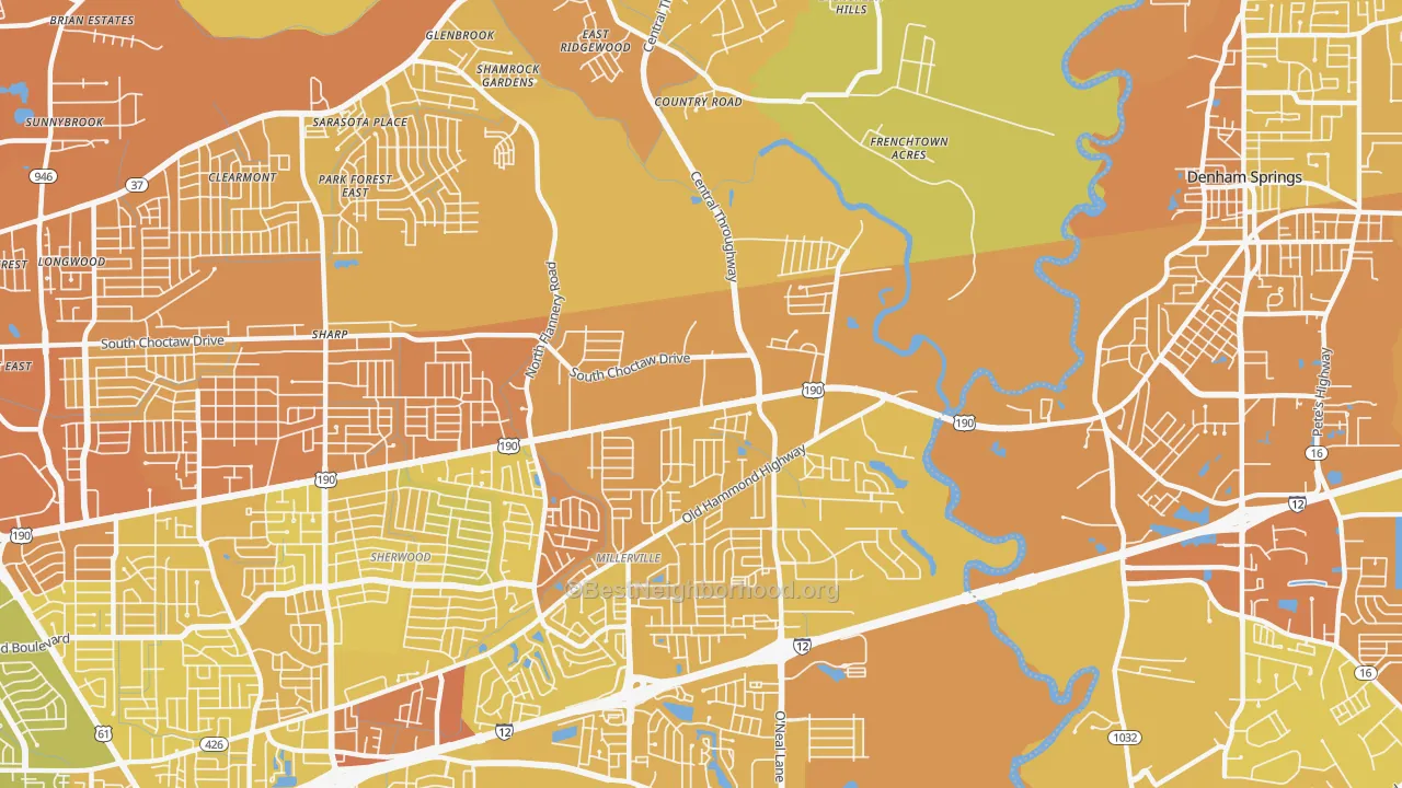 Map of the best neighborhoods in the 70819 area, with better matches in green and worse matches in red
