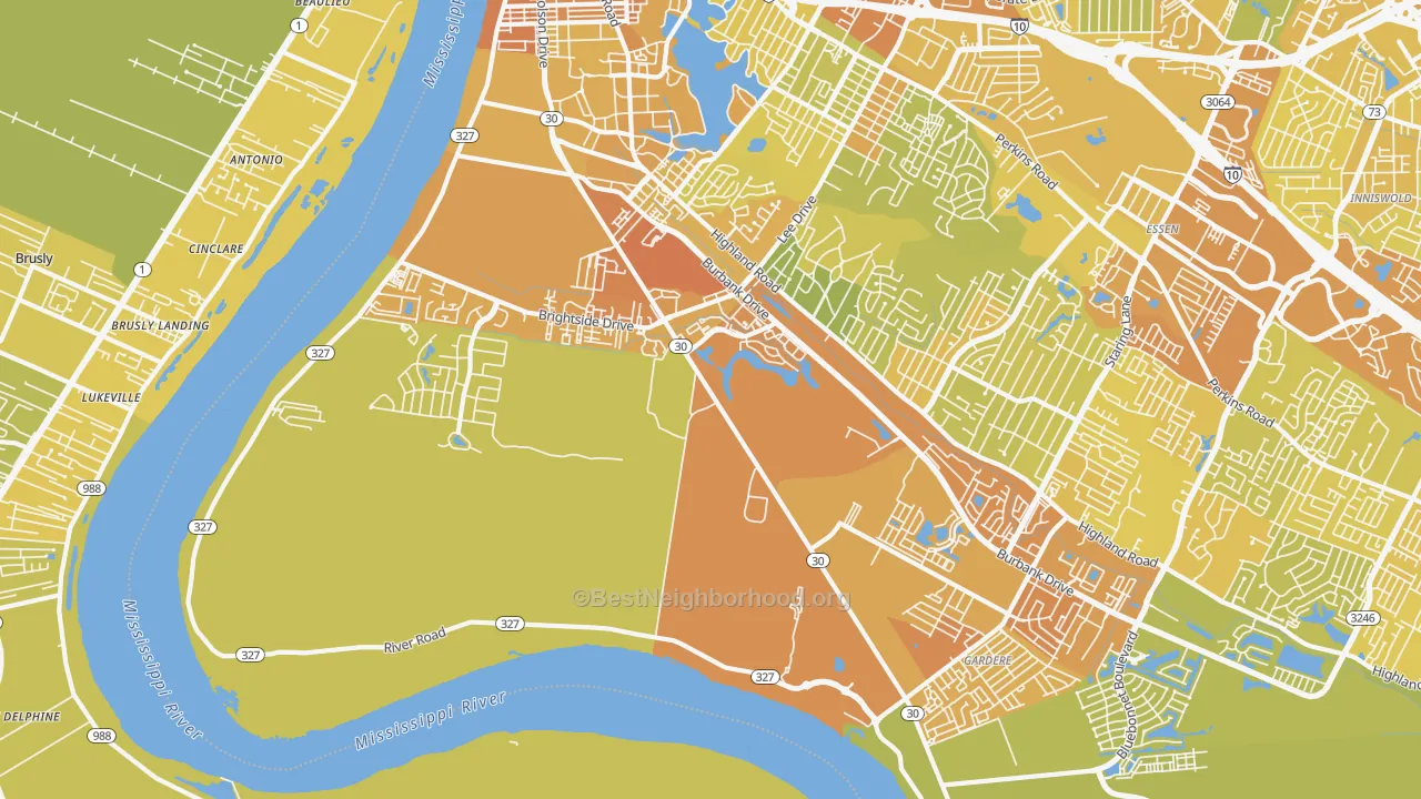 Map of the best neighborhoods in the 70820 area, with better matches in green and worse matches in red