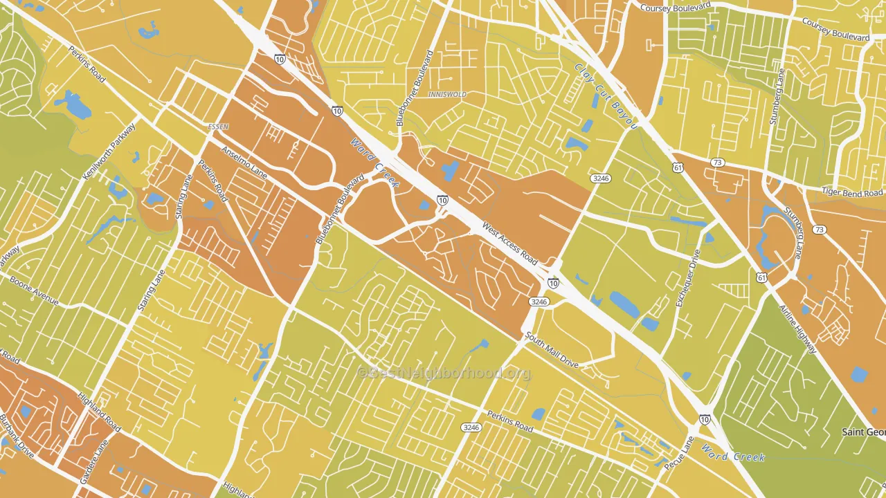 Map of the best neighborhoods in the 70836 area, with better matches in green and worse matches in red