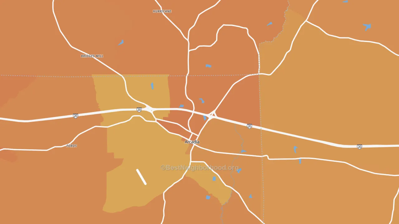 Map of the best neighborhoods in the 71001 area, with better matches in green and worse matches in red